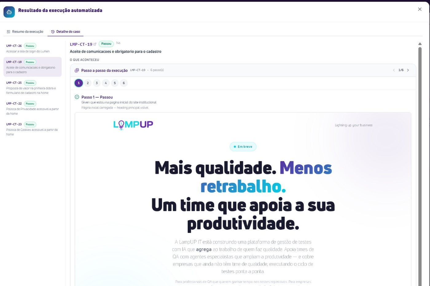 Evidência passo a passo de uma execução automatizada no Lumen